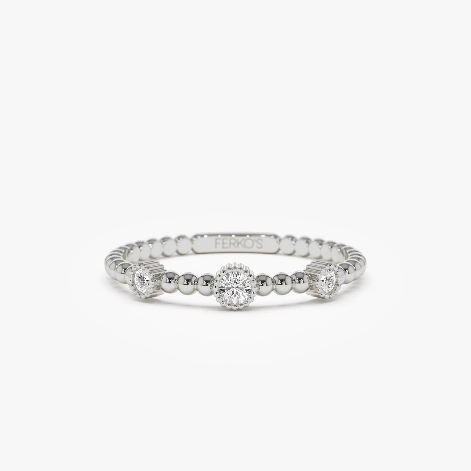 14k Bead Band Ring with Three Bezel Setting Diamonds
