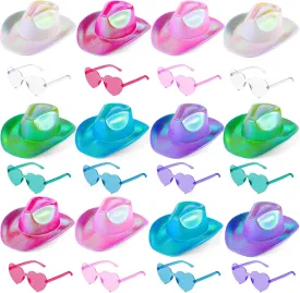 24 Pcs Cowboy Hats Holographic Space Cowgirl Hat with Heart Sunglasses Fun Party Hats Goggles for Women Party (Multicolor)