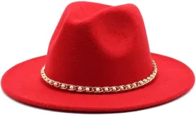 Autumn and Winter Felt Hat Gold Chain Woolen Hat European and American Jazz Felt Hat Men and Women Big Brim Flat Brimmed Hat Fengyan Cowboy Hats (Color : Rose Red, Size : 56-58cm)