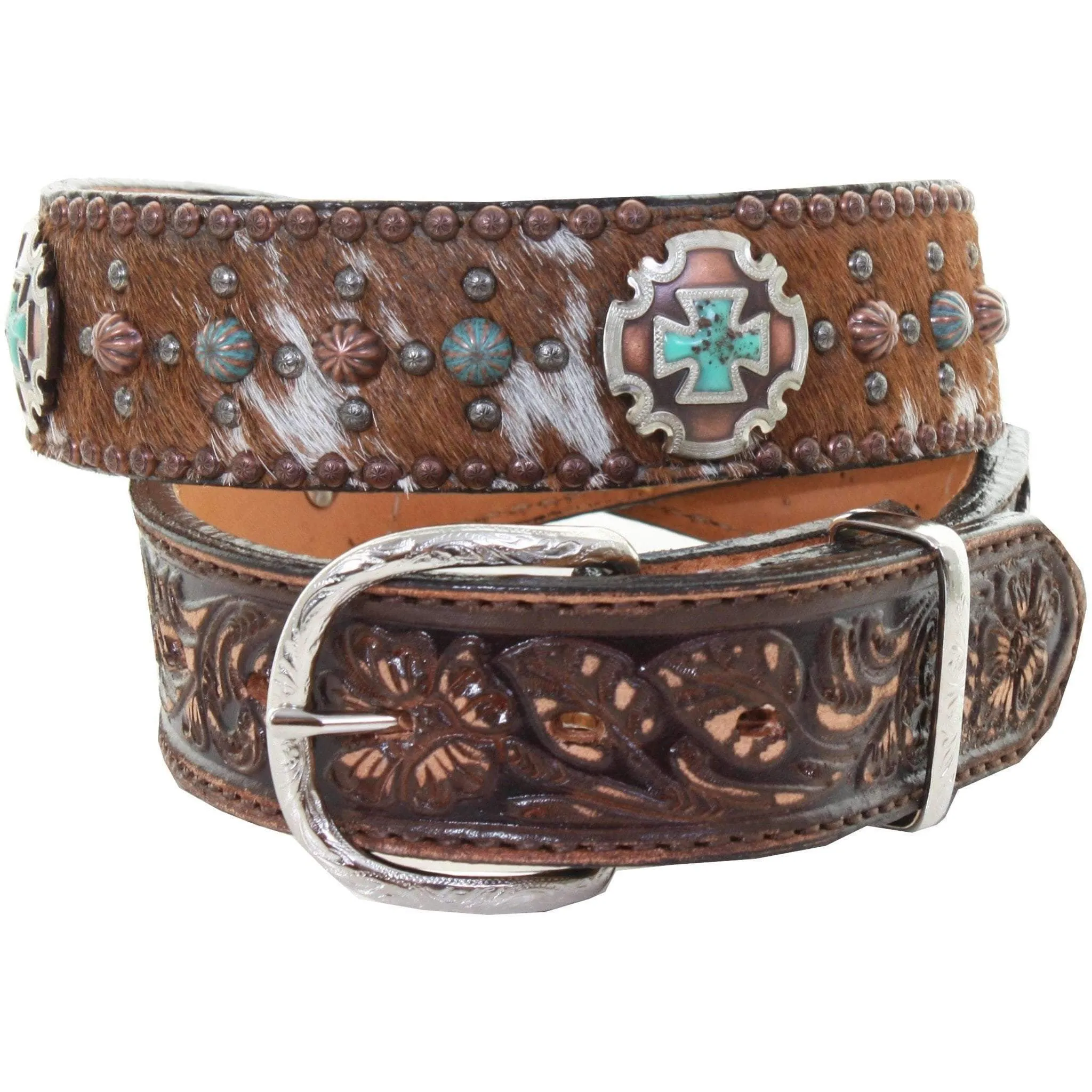 B964 - Roan Hair Studded Tooled Belt