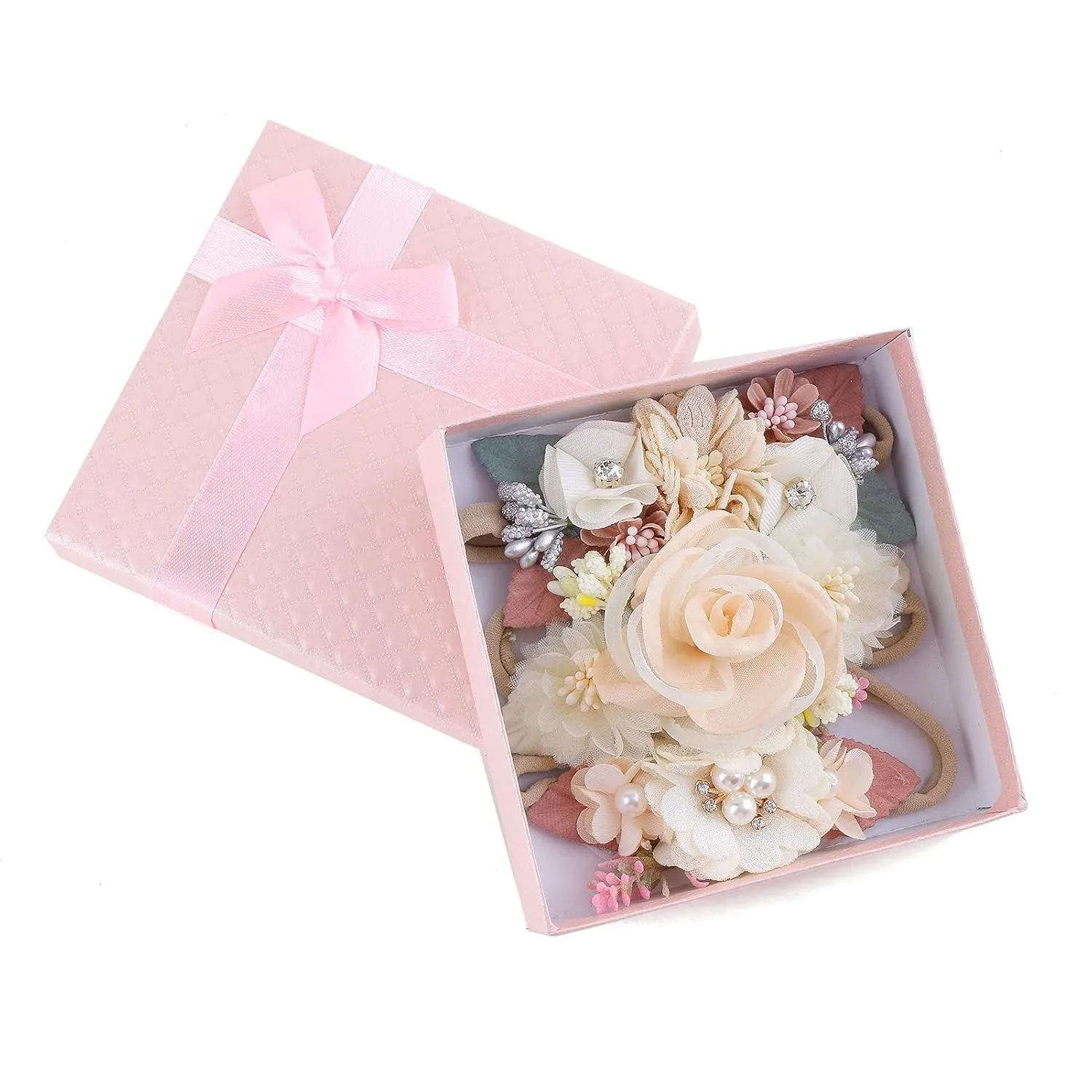 Baby Girl Floral Headbands- 3pcs Nylon Headband Handmade Flower Crown Elastic Hairband Newborn Toddler Hair Accessories Gifts for Girls 1-6 years old