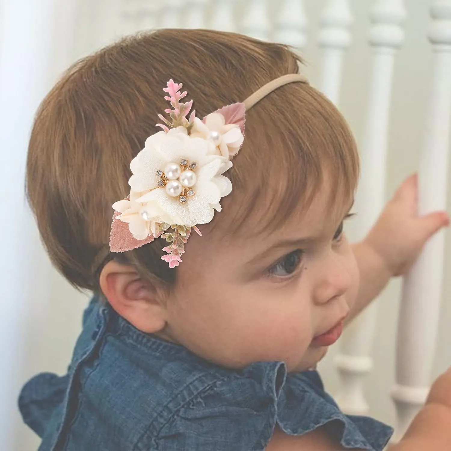 Baby Girl Floral Headbands- 3pcs Nylon Headband Handmade Flower Crown Elastic Hairband Newborn Toddler Hair Accessories Gifts for Girls 1-6 years old