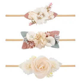 Baby Girl Floral Headbands- 3pcs Nylon Headband Handmade Flower Crown Elastic Hairband Newborn Toddler Hair Accessories Gifts for Girls 1-6 years old
