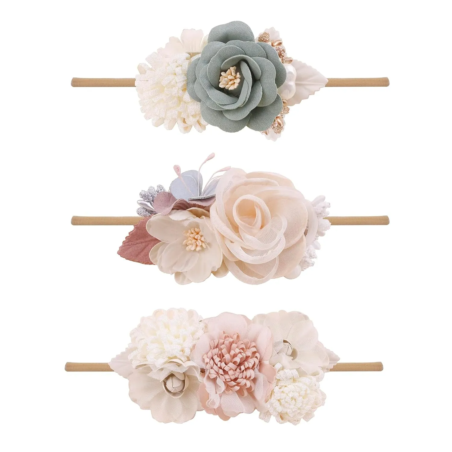 Baby Girl Floral Headbands- 3pcs Nylon Headband Handmade Flower Crown Elastic Hairband Newborn Toddler Hair Accessories Gifts for Girls 1-6 years old