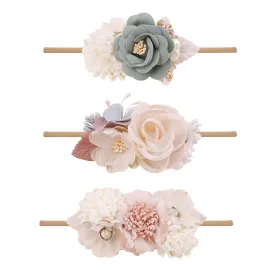 Baby Girl Floral Headbands- 3pcs Nylon Headband Handmade Flower Crown Elastic Hairband Newborn Toddler Hair Accessories Gifts for Girls 1-6 years old