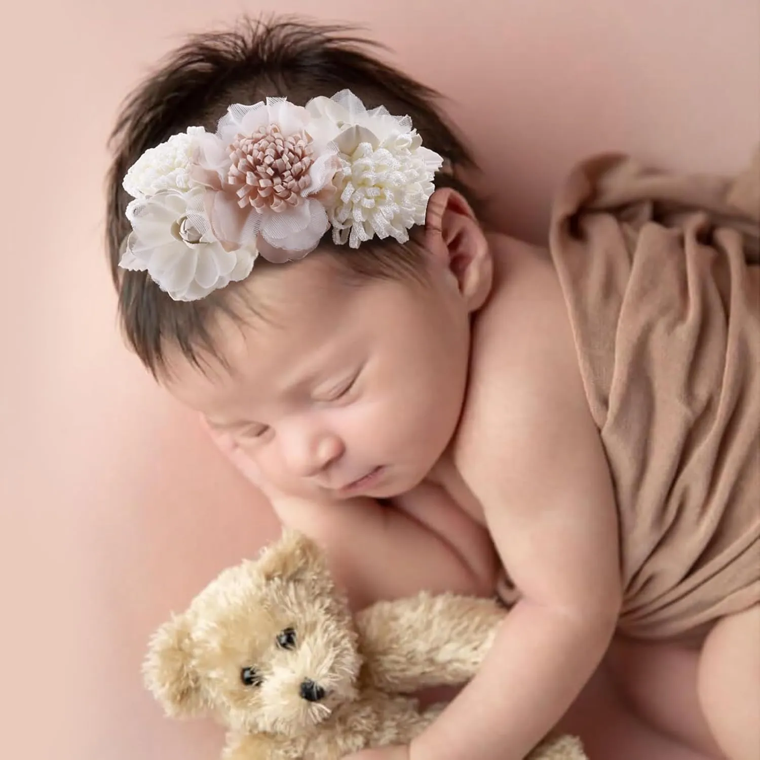 Baby Girl Floral Headbands- 3pcs Nylon Headband Handmade Flower Crown Elastic Hairband Newborn Toddler Hair Accessories Gifts for Girls 1-6 years old