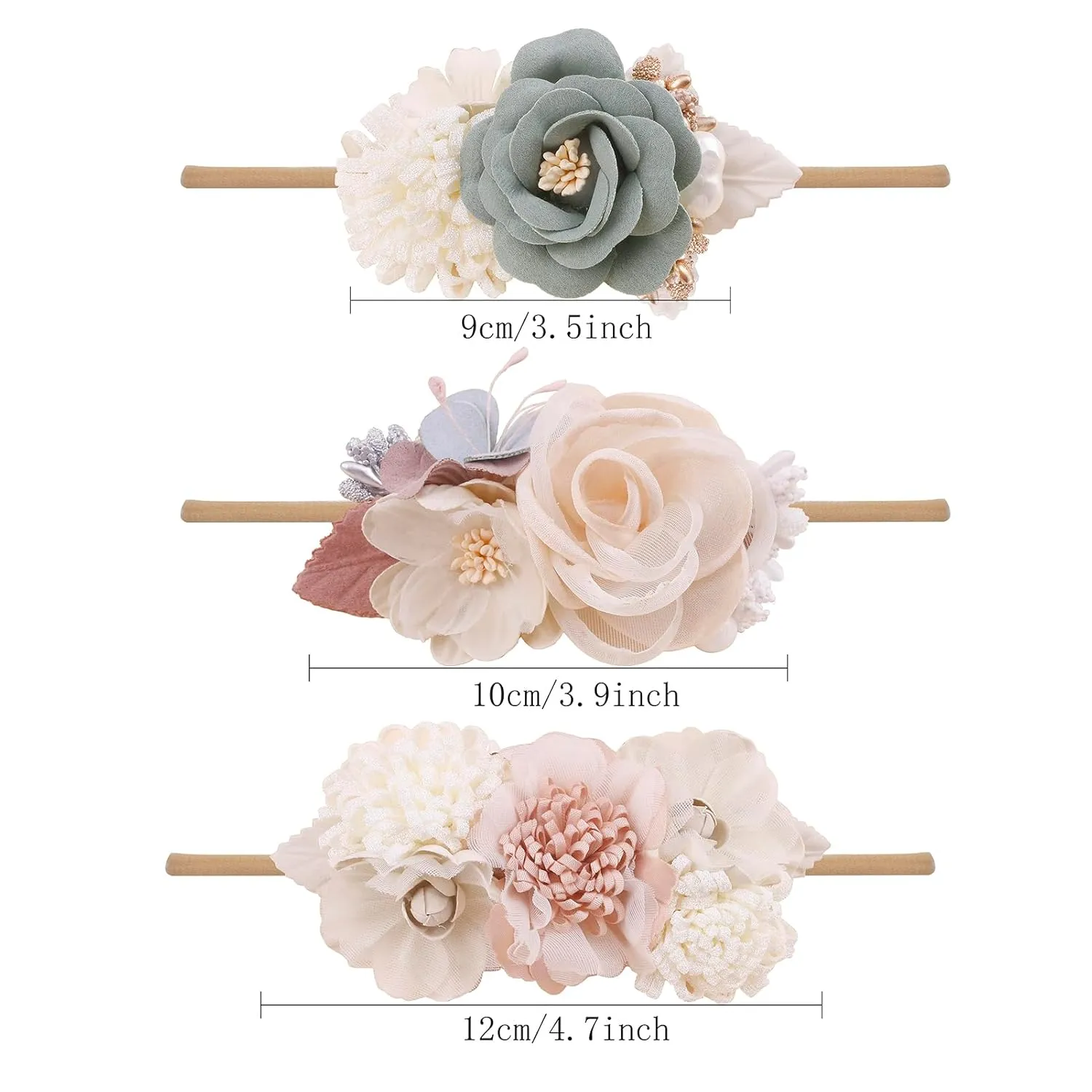 Baby Girl Floral Headbands- 3pcs Nylon Headband Handmade Flower Crown Elastic Hairband Newborn Toddler Hair Accessories Gifts for Girls 1-6 years old
