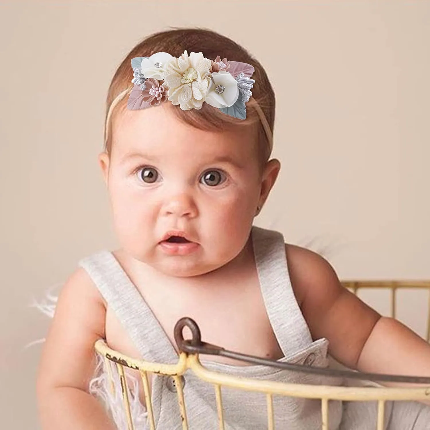 Baby Girl Floral Headbands- 3pcs Nylon Headband Handmade Flower Crown Elastic Hairband Newborn Toddler Hair Accessories Gifts for Girls 1-6 years old