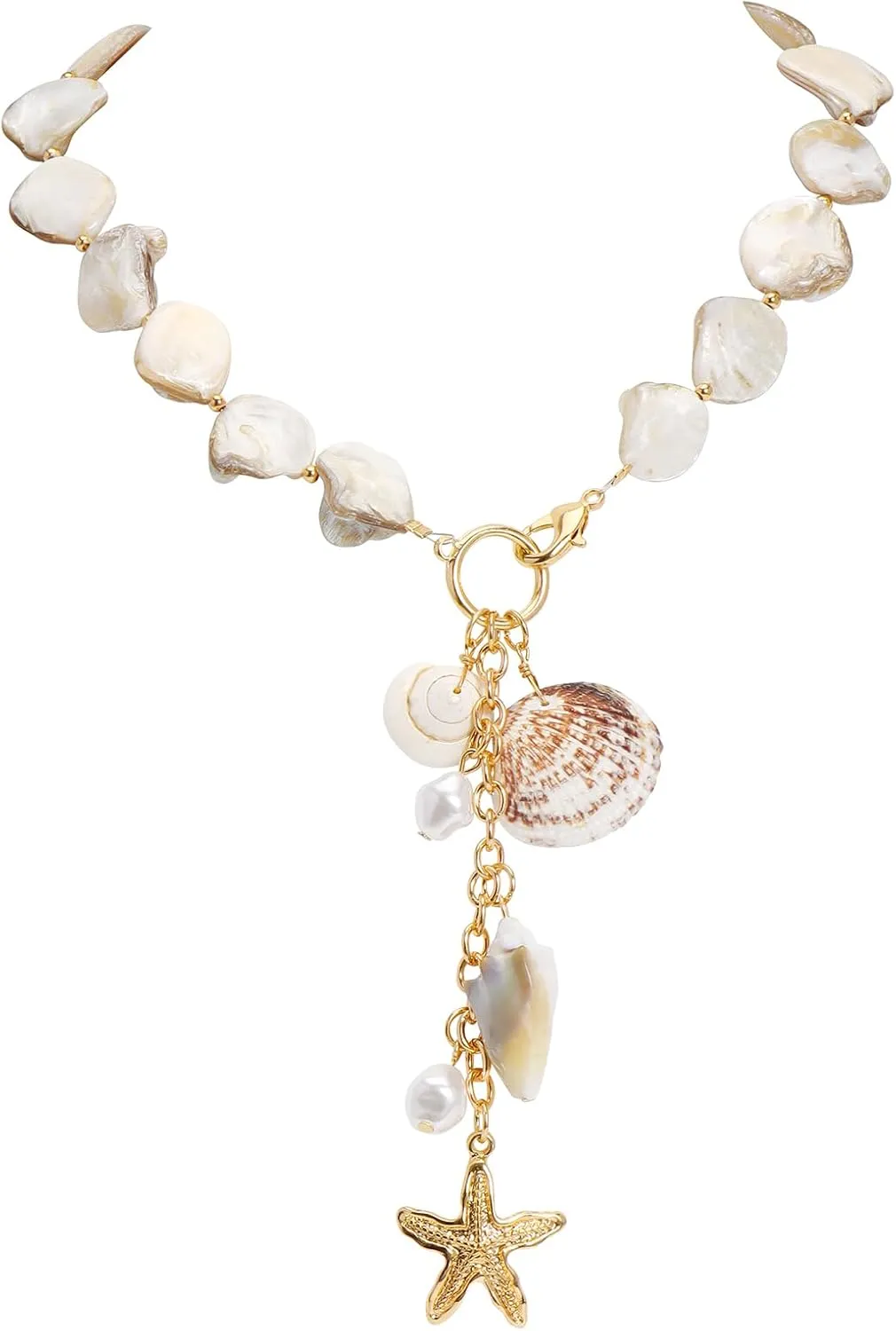 Bocar Statement Shell Bib Choker Necklace for Women Chunky Natural Freshwater Shell Conch Starfish Pearl Pendent Costume Collar Beach Necklace