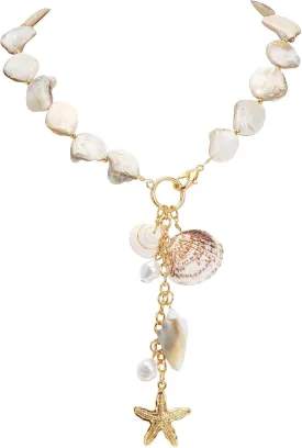 Bocar Statement Shell Bib Choker Necklace for Women Chunky Natural Freshwater Shell Conch Starfish Pearl Pendent Costume Collar Beach Necklace