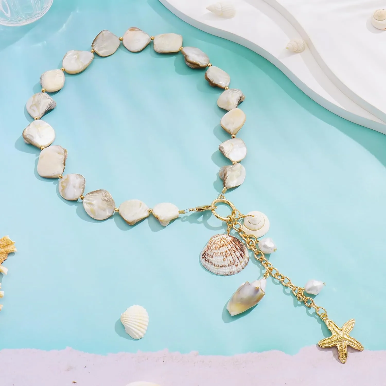Bocar Statement Shell Bib Choker Necklace for Women Chunky Natural Freshwater Shell Conch Starfish Pearl Pendent Costume Collar Beach Necklace