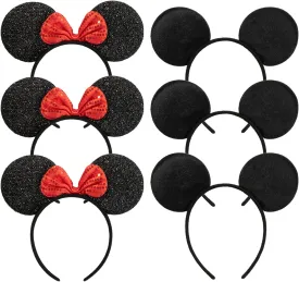 CHuangQi Mouse Ears Solid Black and Red Bow Minnie Headband for Boys & Girls Birthday Party or Celebrations, 6pcs