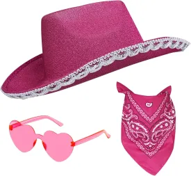 Cowboy Hat Costume Cowgirl Hat with Heart Shaped Sunglasses & Bandana for Western Cowboy Halloween Cosplay Dress Up