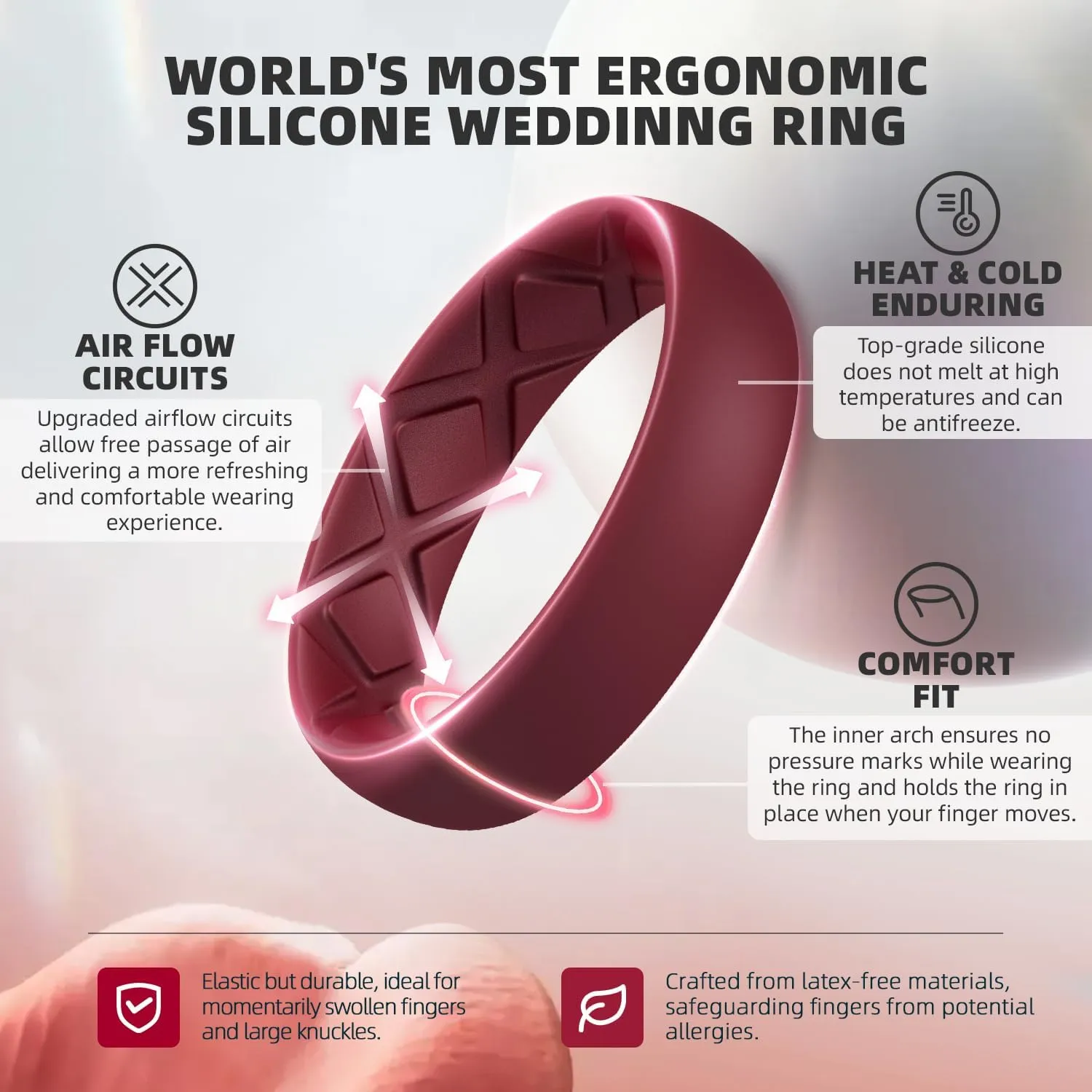 Egnaro Women's Wedding Bands, Silicone Stacking Rings for Her, Rubber Inner Arc Ergonomic Breathable Design