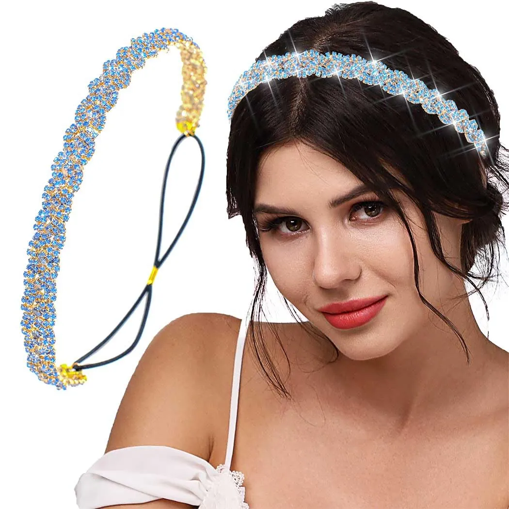 Fstrend Gold Elastic Rhinestone headbands Sparkly Crystal Braid Head Chain for Women(Light blue)
