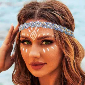 Fstrend Gold Elastic Rhinestone headbands Sparkly Crystal Braid Head Chain for Women(Light blue)