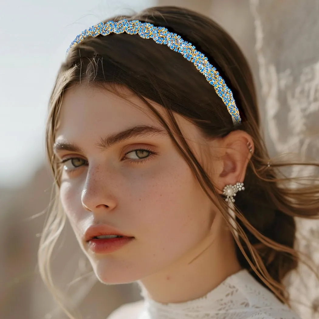 Fstrend Gold Elastic Rhinestone headbands Sparkly Crystal Braid Head Chain for Women(Light blue)