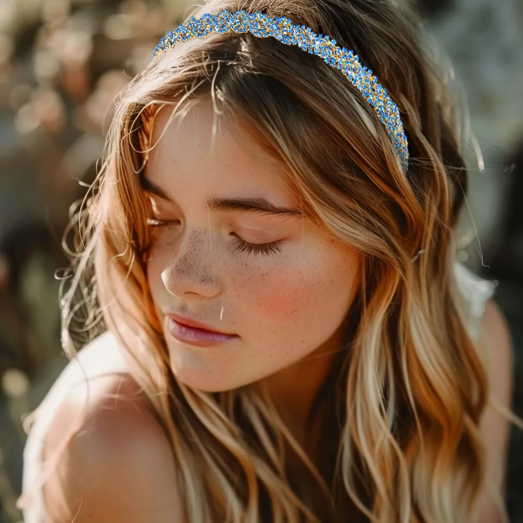 Fstrend Gold Elastic Rhinestone headbands Sparkly Crystal Braid Head Chain for Women(Light blue)