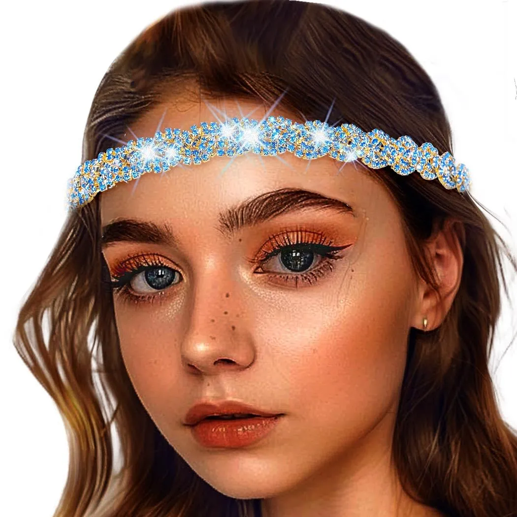 Fstrend Gold Elastic Rhinestone headbands Sparkly Crystal Braid Head Chain for Women(Light blue)
