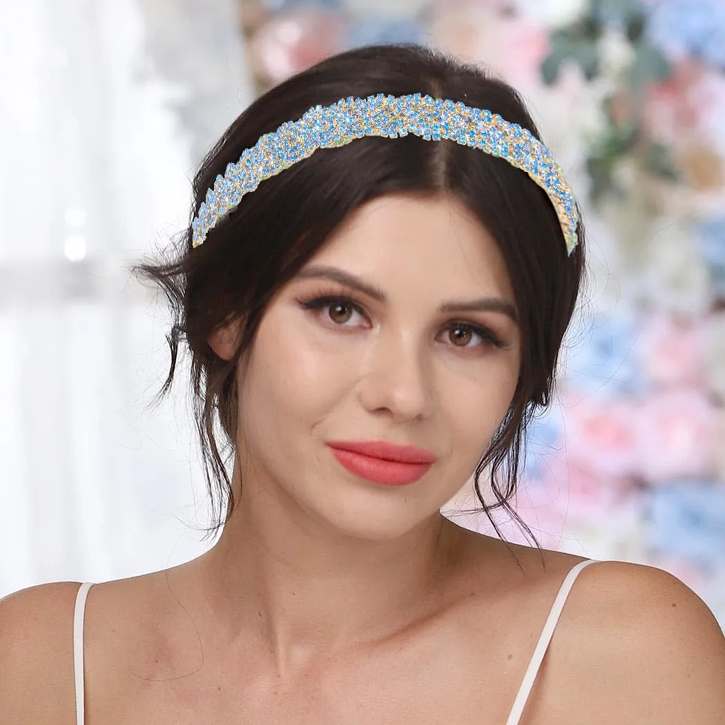 Fstrend Gold Elastic Rhinestone headbands Sparkly Crystal Braid Head Chain for Women(Light blue)