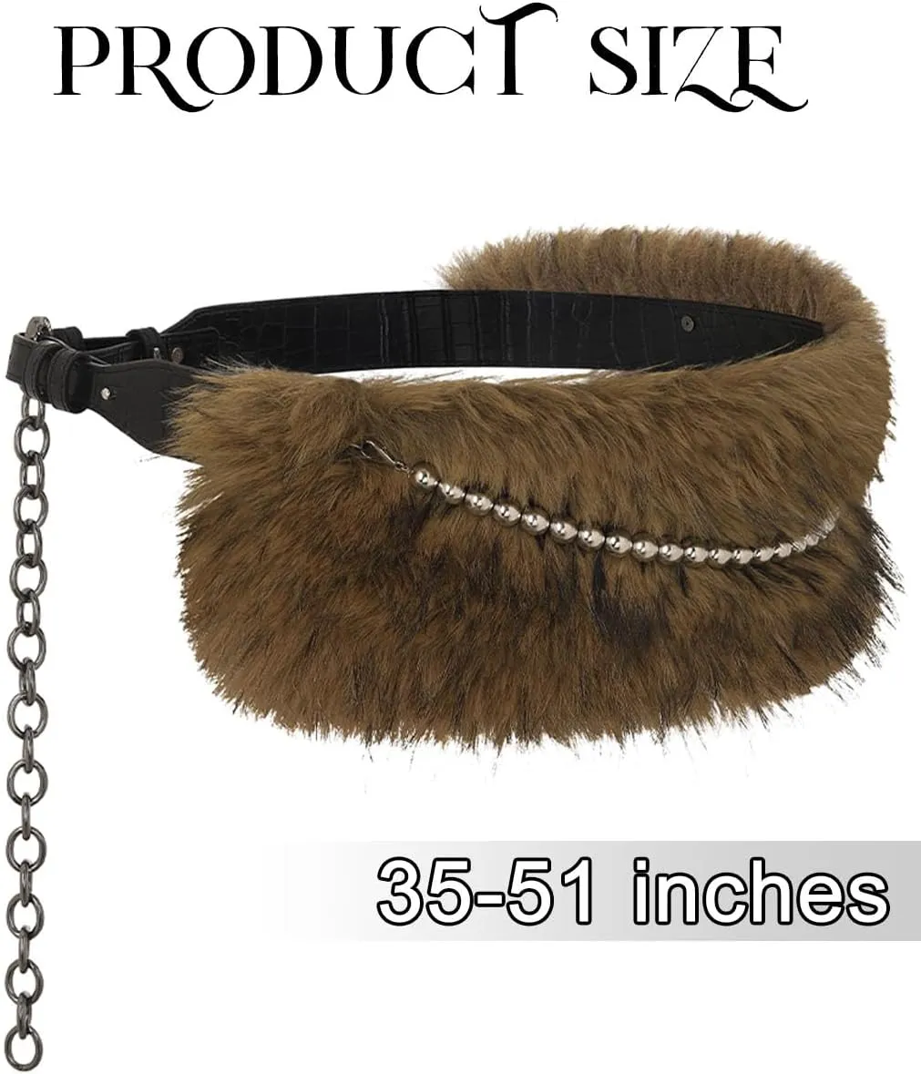 Fur Leather Belt Women Punk Belt Wide Beads Chain Belts for Dresses and Pants