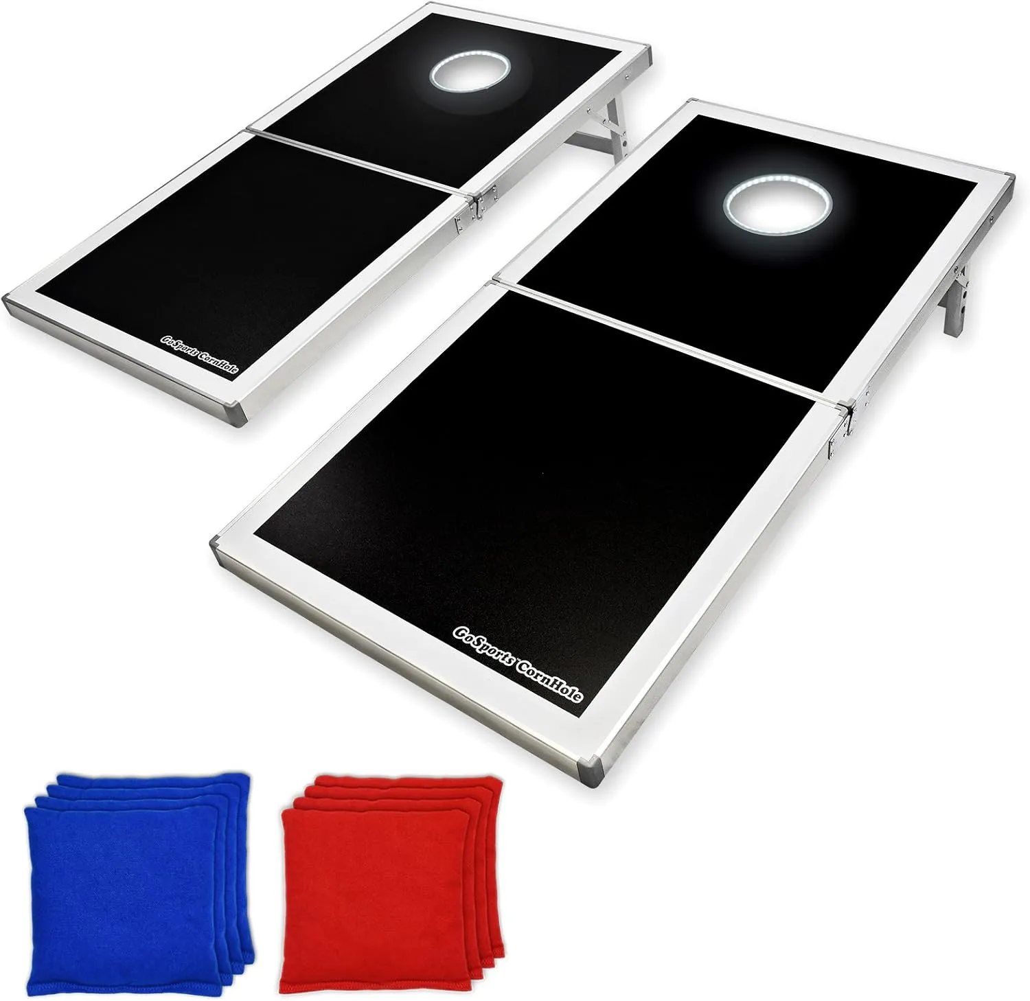 GoSports 4 x 2 ft Aluminum Cornhole Game Sets  Choose LED Lights or Standard - Set Includes 2 Foldable Regulation Size Boards, 8 Bean Bags, & Rules