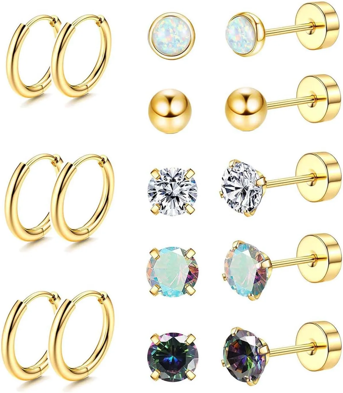 Jstyle Surgical Steel Earrings for Sensitive Ears Hypoallergenic 20G Stainless Steel Stud Hoop Earrings for Women Men Small Opal Ball CZ Surgical Steel Flat Back Earrings Cartilage Earrings Hoop Stud