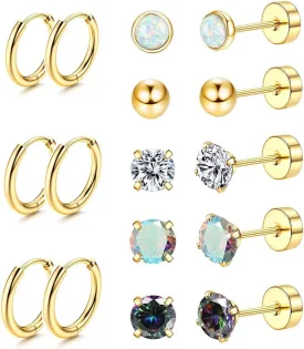 Jstyle Surgical Steel Earrings for Sensitive Ears Hypoallergenic 20G Stainless Steel Stud Hoop Earrings for Women Men Small Opal Ball CZ Surgical Steel Flat Back Earrings Cartilage Earrings Hoop Stud