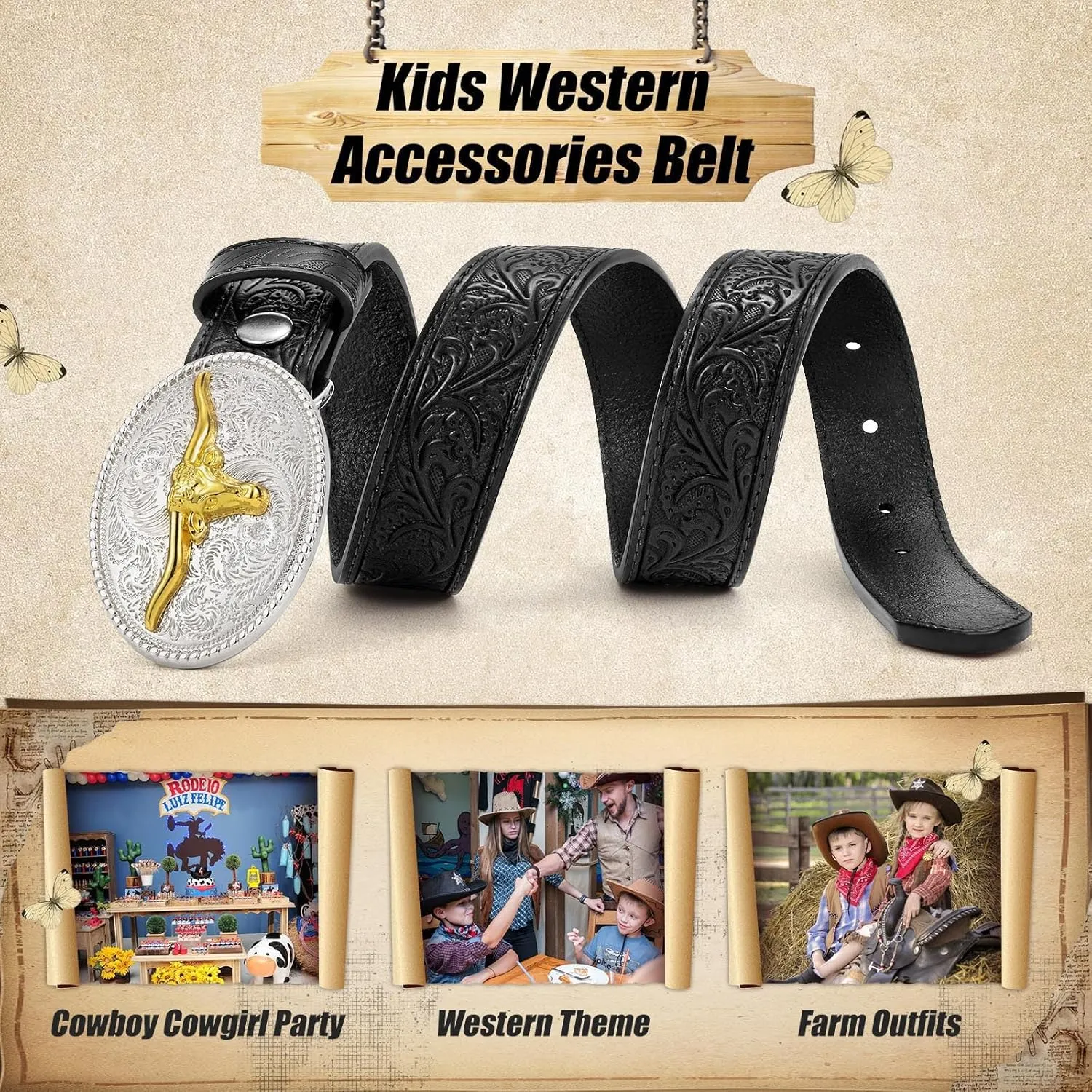 Kids Western Belt for Boys Girls, Embossed Genuine Leather Cowboy Cowgirl Belt for Jeans Pant Dresses Gift