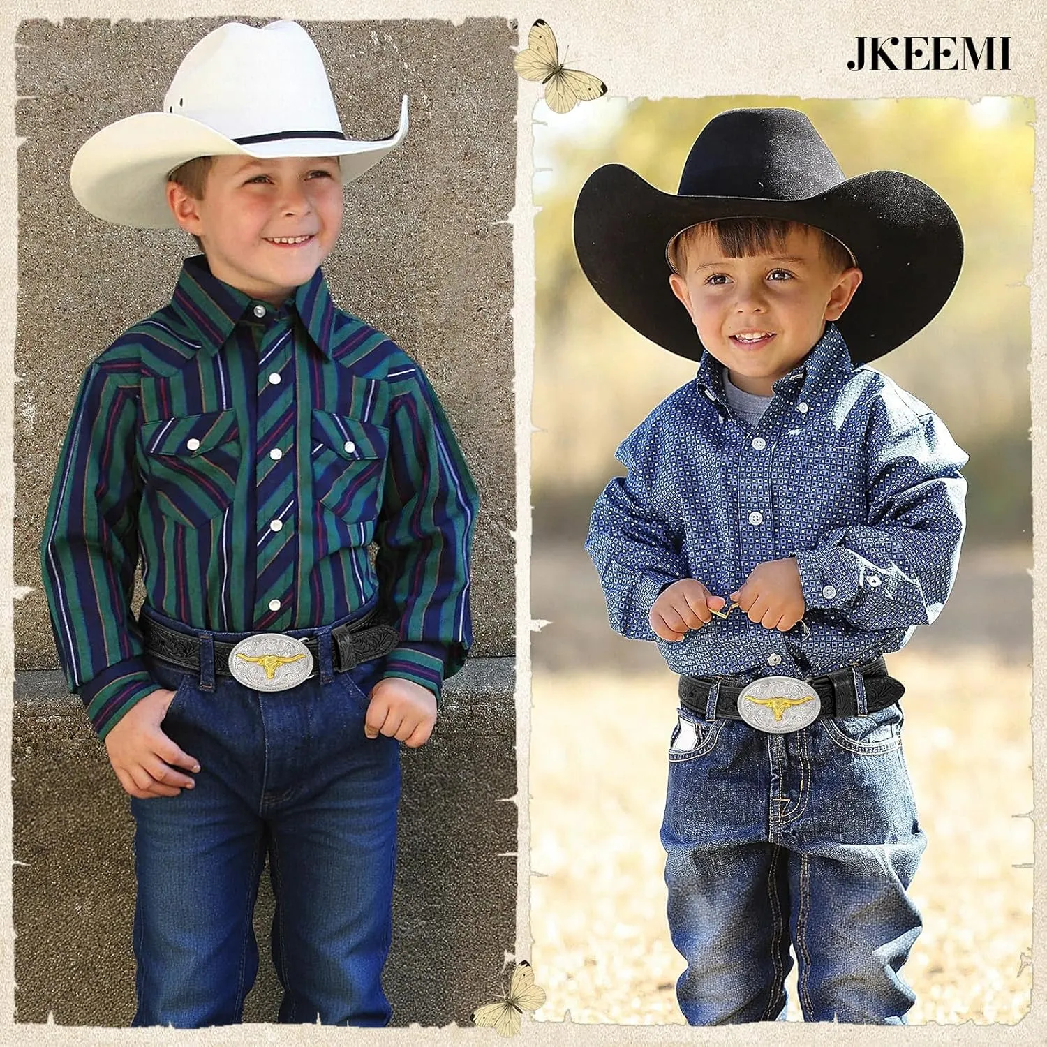 Kids Western Belt for Boys Girls, Embossed Genuine Leather Cowboy Cowgirl Belt for Jeans Pant Dresses Gift