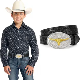 Kids Western Belt for Boys Girls, Embossed Genuine Leather Cowboy Cowgirl Belt for Jeans Pant Dresses Gift