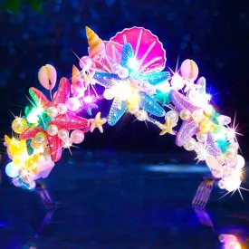 Light Up Starfish Tiara and Crown Led Pearl Wedding Headband Mermaid Shell Hair Bands Bridal Beach Hair Accessories for Women