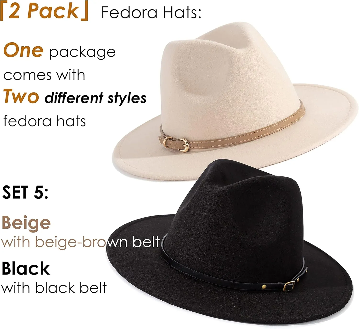 Lisianthus 2 Pack Women & Men Classic Wide Brim Belt Buckle Fedora Hat