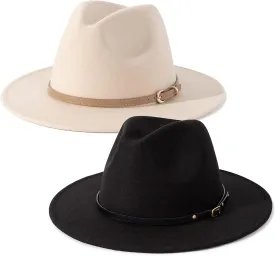 Lisianthus 2 Pack Women & Men Classic Wide Brim Belt Buckle Fedora Hat