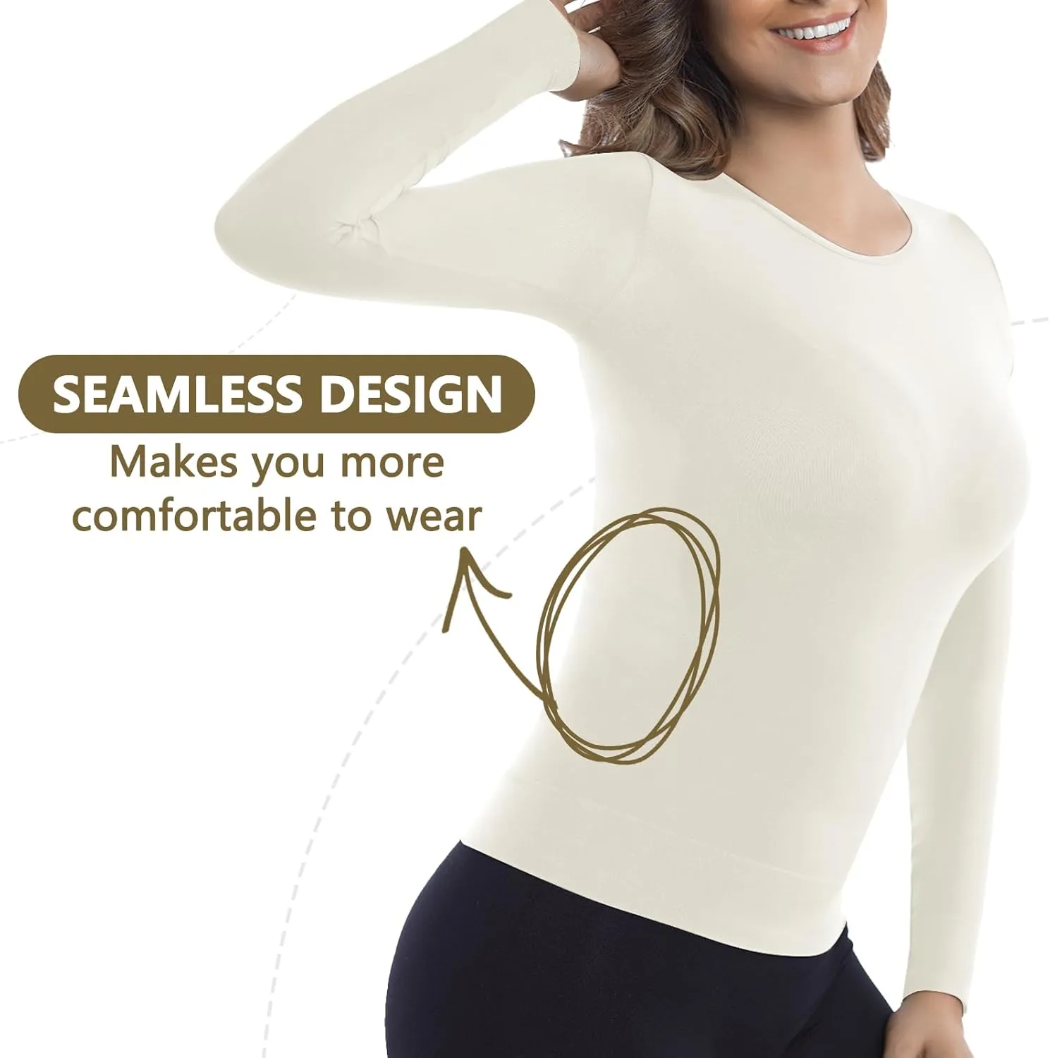  MD Womens Compression Slimming Shirts and Undershirts for Tummy Waist and Bust Long Sleeves Thermal Underwear Round Neck