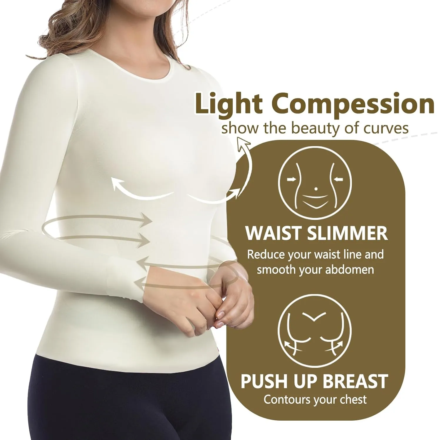 MD Womens Compression Slimming Shirts and Undershirts for Tummy Waist and Bust Long Sleeves Thermal Underwear Round Neck