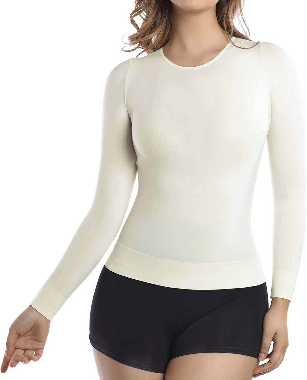  MD Womens Compression Slimming Shirts and Undershirts for Tummy Waist and Bust Long Sleeves Thermal Underwear Round Neck