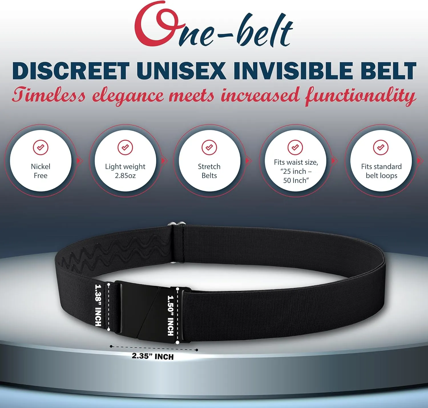 No Show Invisible Elastic Belts for Women & Men 1.5" adjustable Non Slip Fits waist upto 50 Inch. Designed in USA.