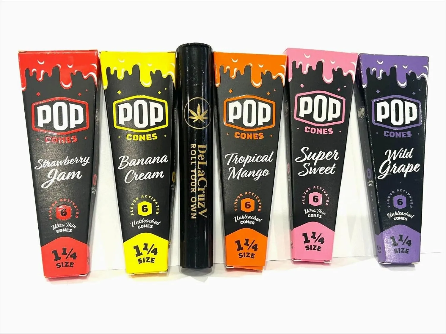 Pop Cones Flavored cones 1 1/4 (Super Sweet,Straberry Jam, Banana Cream, Tropical Mango,Wild Grape) 5 packs of 6 cones with DeLaCuzV Tube.