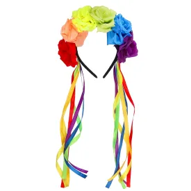 Pride Rainbow Headband With Rainbow Tassels Ribbon Rose Flower Headbands Boho Floral Crown Garland Gay Pride Day Halloween Accessories Lgbtq Bisexual Pride Outfits for Women