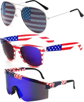QZUnique 4th of July Sunglasses for Women Men - 3 Pairs American Flag Glasses, Fourth of July USA Tops Accessories, Outfits Decoration