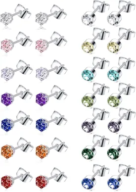 Tornito 7-14 Pairs Stainless Steel CZ Stud Earrings for Women Multicolor Cubic Zirconia Cartilage Helix Earrings Set Screwback 4MM