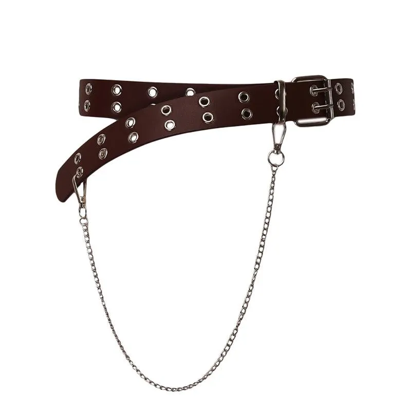 Vintage Women Punk Chain Belt Black Eyelet Leather Belt Buckle Waist Jeans Belts