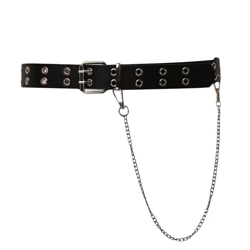 Vintage Women Punk Chain Belt Black Eyelet Leather Belt Buckle Waist Jeans Belts