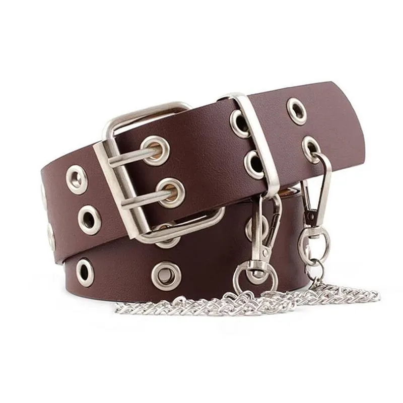 Vintage Women Punk Chain Belt Black Eyelet Leather Belt Buckle Waist Jeans Belts