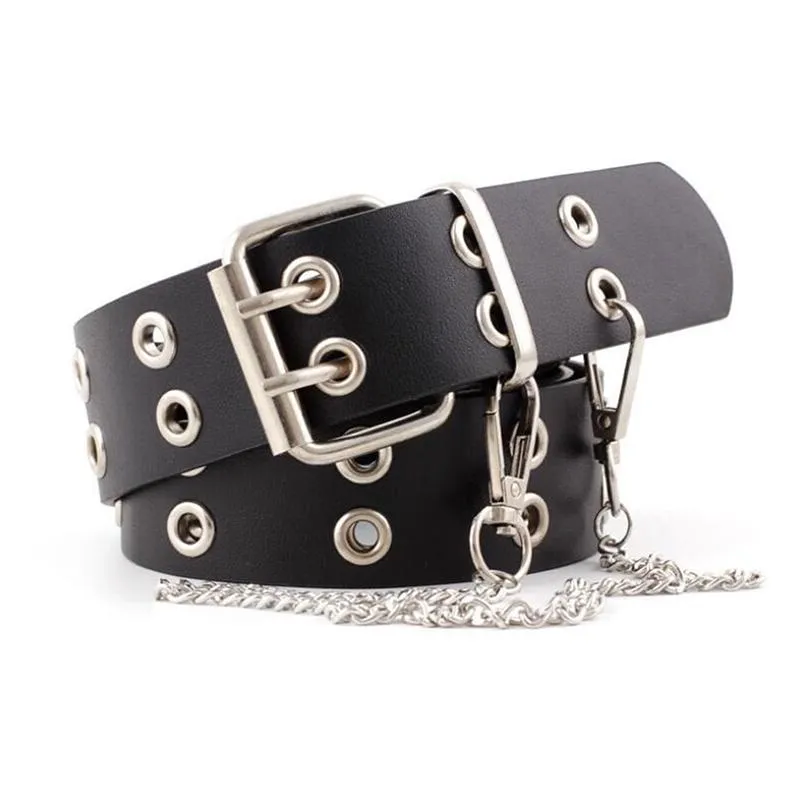 Vintage Women Punk Chain Belt Black Eyelet Leather Belt Buckle Waist Jeans Belts
