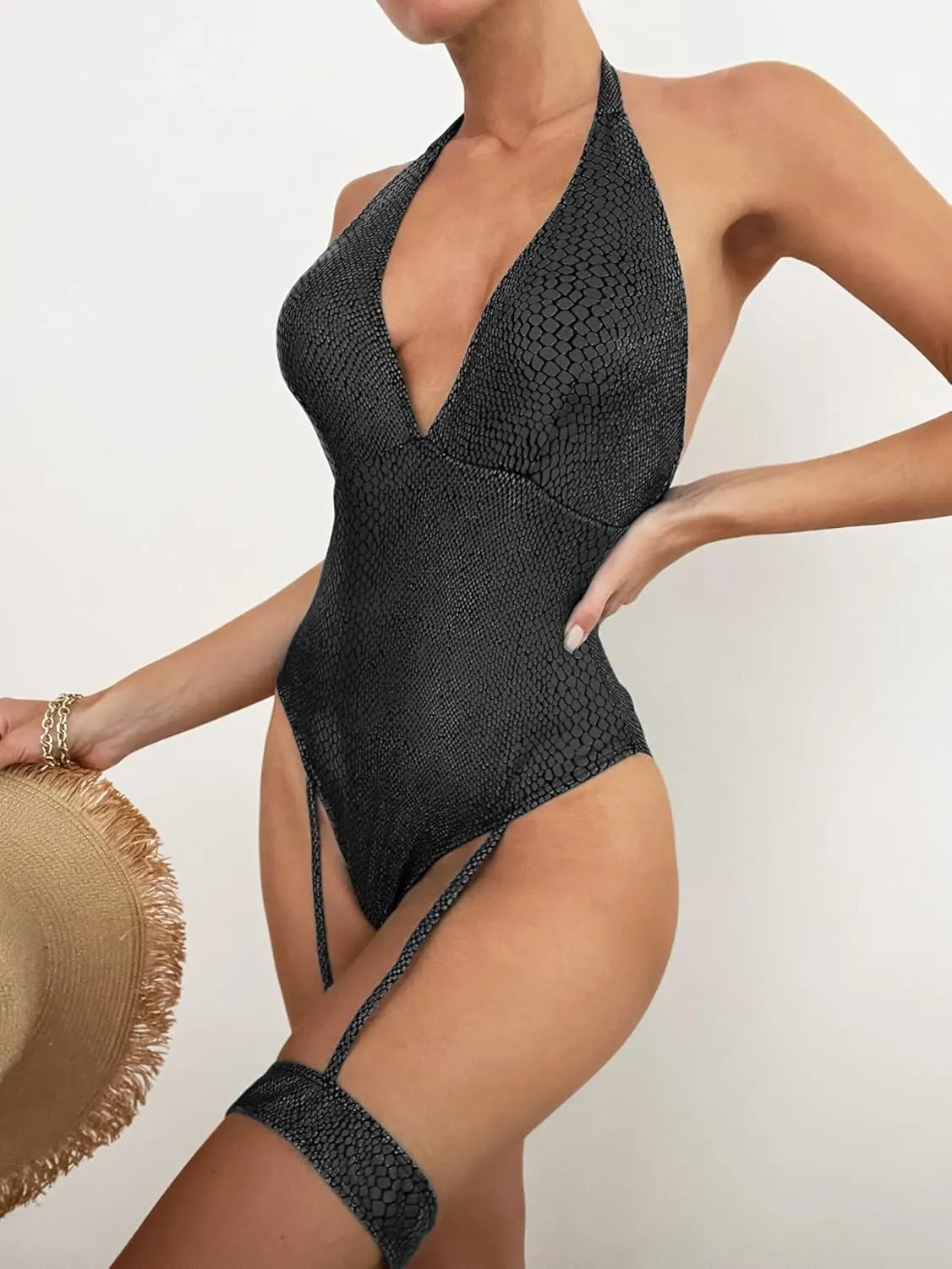 Womens Rave Wear One Piece Bodysuit Snakeskin Print Sexy Leg Rings Swimsuit for Festival Dance Rave Clothing