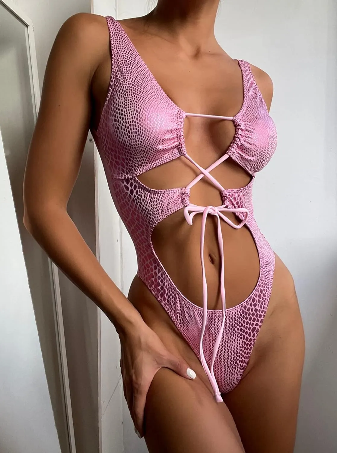 Womens Rave Wear One Piece Bodysuit Snakeskin Print Sexy Leg Rings Swimsuit for Festival Dance Rave Clothing